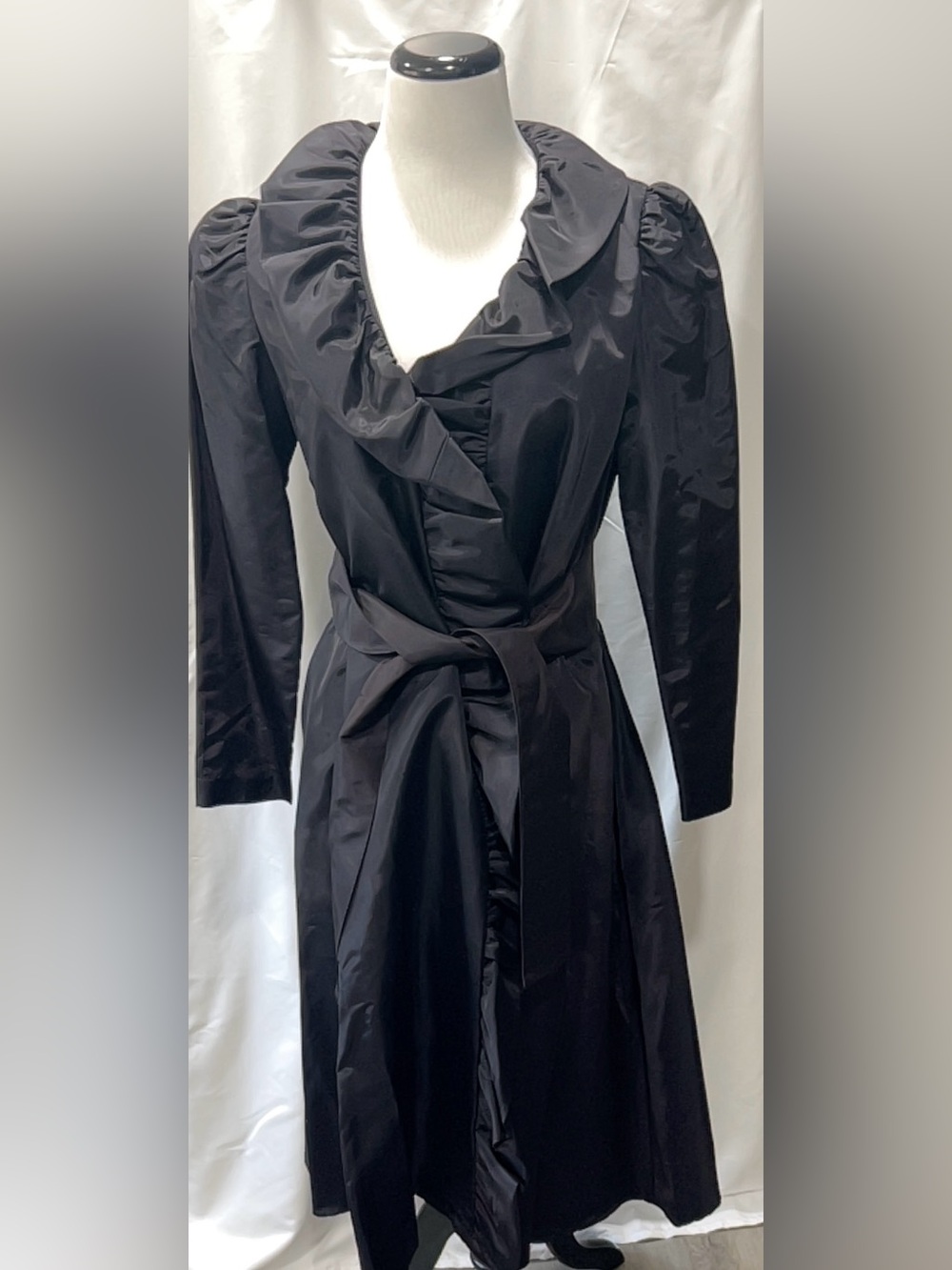 Caron Chicago Black Ruffled Trench Coat Dress Women Sz 6 Statement Belted VTG